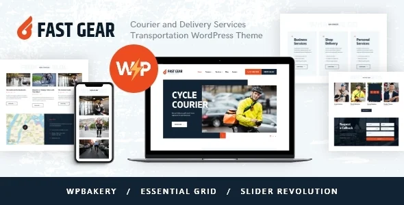 Fast Gear | Courier & Delivery Services WordPress Theme WordPress theme homepage layout for a bike retail website