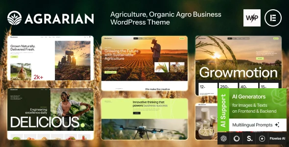 Agrarian - Agriculture Company & Organic Farm WordPress Theme + Online Store WordPress theme homepage layout for a agriculture food business website