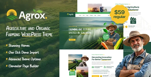 Agrox - Agriculture Organic Farming WordPress Theme WordPress theme homepage layout for a agricultural business food business website