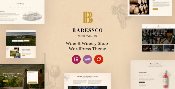 Baressco - Wine, Vineyard & Winery WordPress Theme WordPress theme homepage layout for a alcohol food business website