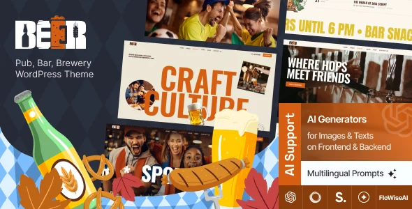 Beer - Pub, Bar, Brewery WordPress Theme + Events & Online Store WordPress theme homepage layout for a bar food business website
