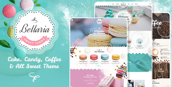 Bellaria - a Delicious Cakes and Bakery WordPress Theme WordPress theme homepage layout for a bakeries food business website