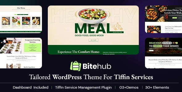 Bitehub - Tiffin & Food Delivery WordPress Theme WordPress theme homepage layout for a business theme food business website