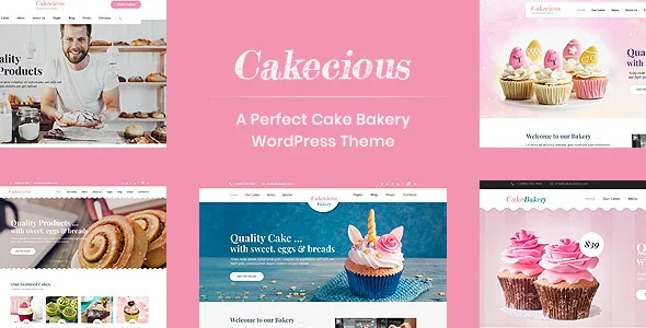 Cakecious - Cake Bakery Food WordPress Theme WordPress theme homepage layout for a bakery food business website