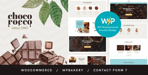 ChocoRocco | Chocolate & Candy Sweets Shop WordPress Theme WordPress theme homepage layout for a bakery food business website