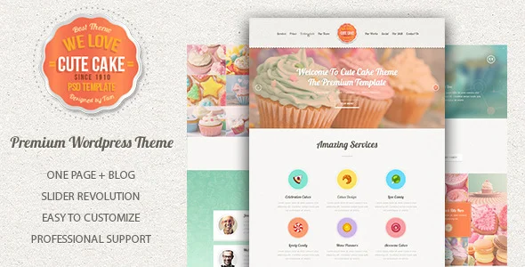 Cute Cake - Responsive One Page Wordpress Theme WordPress theme homepage layout for a bakeries food business website