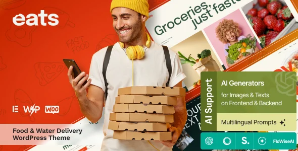 Eats - Food Delivery & Water Supply WordPress Theme + Online Store WordPress theme homepage layout for a burger delivery food business website