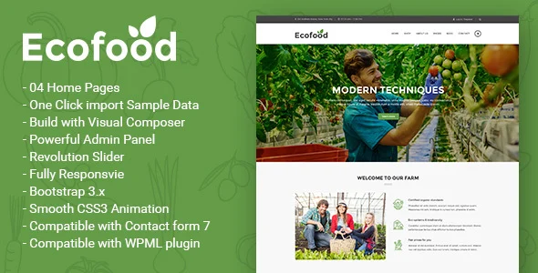 Ecofood - Responsive Organic Store & Farm WordPress Theme WordPress theme homepage layout for a farm food business website