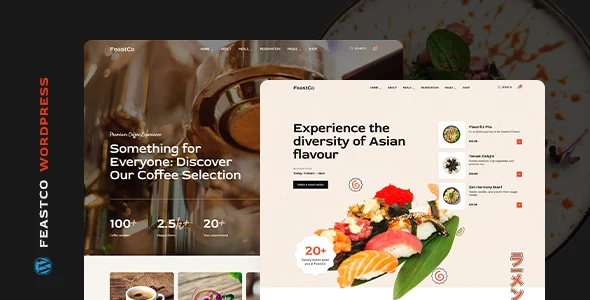 FeastCo - Restaurant and Events WordPress Theme WordPress theme homepage layout for a asian food food business website