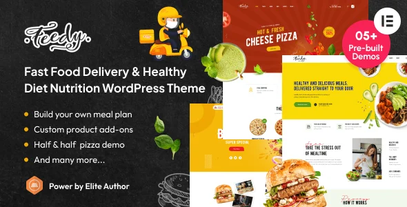 Feedy - Healthy Fast Food Delivery & Diet Nutrition WordPress Theme WordPress theme homepage layout for a burger food business website