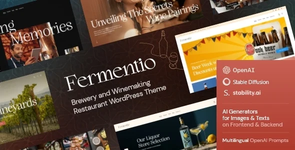 Fermentio — Brewery and Winemaking WordPress Theme + Beer & Wine Online Store WordPress theme homepage layout for a bar food business website