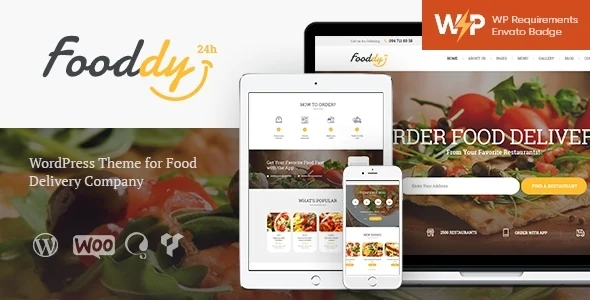 Fooddy 24/7 - Food Delivery Takeout WordPress Theme + Elementor + RTL WordPress theme homepage layout for a app food business website
