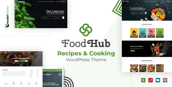 Foodhub - Recipes WordPress Theme WordPress theme homepage layout for a allrecipes food business website
