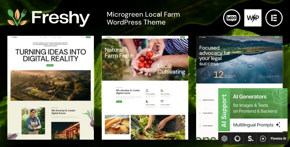 Freshy - Microgreen Local Farm & Organic Food Store WordPress Theme + Shop WordPress theme homepage layout for a agribusiness food business website