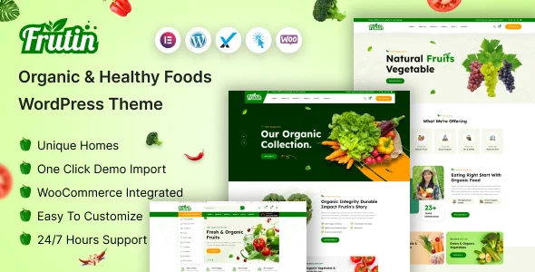 Frutin - Organic & Healthy Food WordPress Theme WordPress theme homepage layout for a bakery food business website