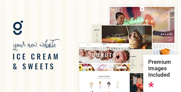 Glacé - Ice Cream & Sweet Shop WordPress Theme WordPress theme homepage layout for a cafe food business website