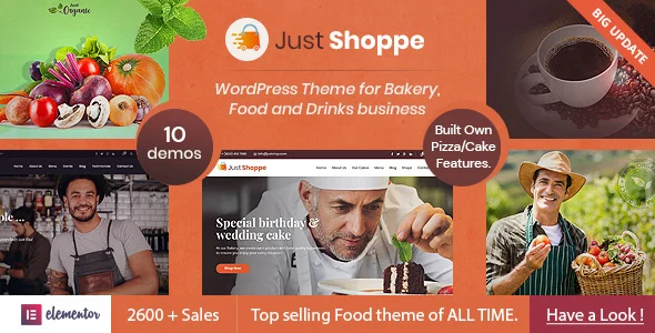 Justshop - Elementor Cake, Bakery & Food WordPress WordPress theme homepage layout for a bakery food business website