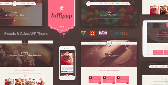 Lollipop - Awesome Sweets & Cakes Responsive WordPress Theme WordPress theme homepage layout for a bakery food business website