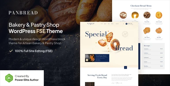 Panbread – Fresh Bakery & Pastry Gutenverse FSE WordPress Block Theme WordPress theme homepage layout for a bakery food business website