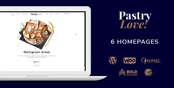 Pastry Love - Bakery & Cake Shop WordPress Theme WordPress theme homepage layout for a baker food business website