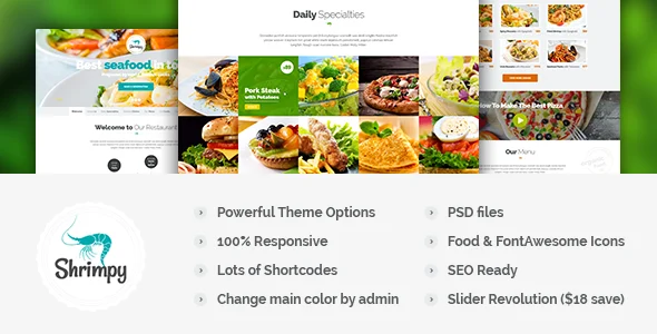 Shrimpy - Responsive Restaurant Wordpress Theme WordPress theme homepage layout for a bakeries food business website