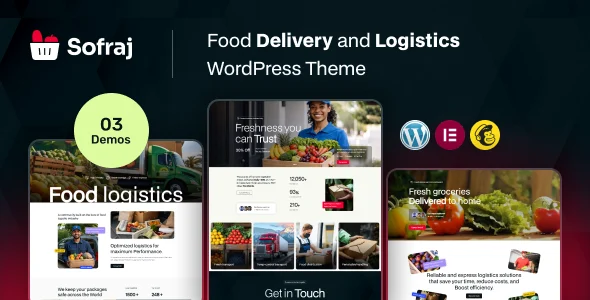 Sofraj – Food Logistics Service WooCommerce WordPress Theme WordPress theme homepage layout for a eco store food business website