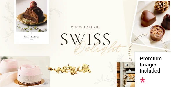 Swiss Delight - Chocolate & Cake Shop WordPress Theme WordPress theme homepage layout for a bakery food business website