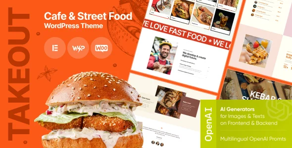 Takeout - Fast Food Delivery Cafe WordPress Theme WordPress theme homepage layout for a bakery food business website