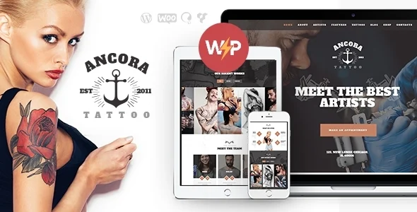 Ancora | Tattoo Salon & Ink Shop WordPress Theme WordPress theme homepage layout for a barber health and beauty website