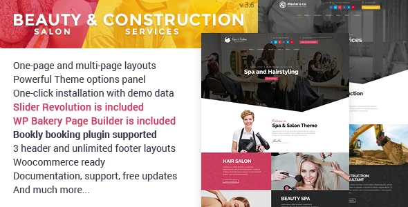 Beauty Salon & Construction Services WordPress Theme WordPress theme homepage layout for a appointment health and beauty website