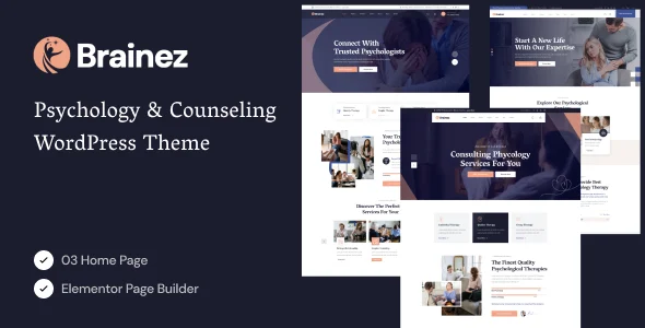 Brainez - Psychology And Counseling WordPress Theme WordPress theme homepage layout for a Behavioral therapy health and beauty website