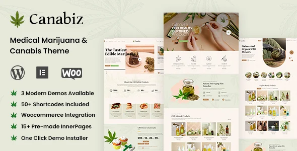 Canabiz - Marijuana WordPress Theme WordPress theme homepage layout for a cannabis health and beauty website