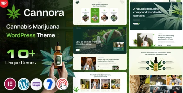 Cannora - Cannabis Marijuana WordPress WordPress theme homepage layout for a cannabis health and beauty website