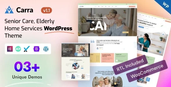 Carra – Senior Care & Elderly Home Services WordPress Theme WordPress theme homepage layout for a aging health and beauty website