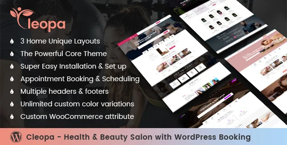 Cleopa - Health & Beauty Salon With WordPress Booking WordPress theme homepage layout for a beauty health and beauty website