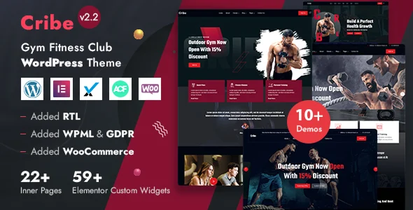 Cribe - Gym Fitness & Sports Center Elementor WordPress Theme WordPress theme homepage layout for a bodybuilding health and beauty website