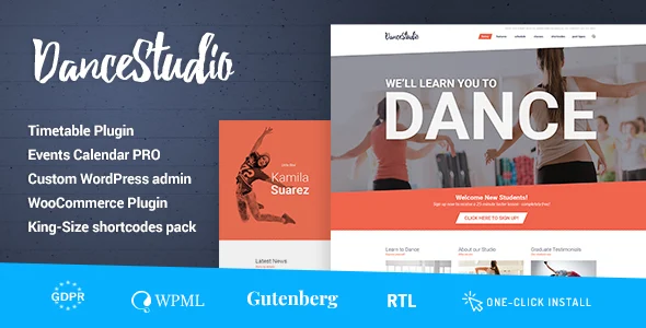 Dance Studio - WordPress Theme for Dancing Schools & Clubs WordPress theme homepage layout for a ballet health and beauty website