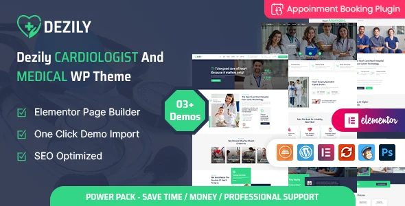 Dezily - Cardiology Medical WordPress Theme WordPress theme homepage layout for a cardiac service health and beauty website