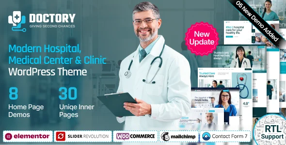 Doctery - Hospital and Healthcare WordPress Theme + RTL WordPress theme homepage layout for a clinic health and beauty website