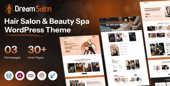 Dream Salon - Hair Salon, Beauty Spa & Wellness Center Booking WordPress Theme WordPress theme homepage layout for a appointment booking health and beauty website