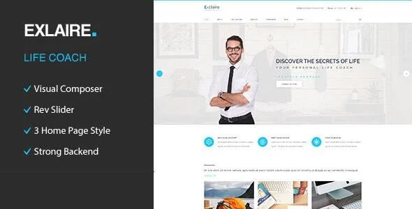 Exclaire – Personal Development Coach WordPress Theme WordPress theme homepage layout for a blog health and beauty website