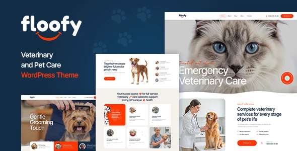 Floofy - Veterinary and Pet Care WordPress Theme WordPress theme homepage layout for a adoption health and beauty website