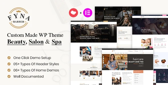 Fyna - Beauty salon and Spa WordPress Theme with Appointments Booking WordPress theme homepage layout for a barbershop wordpress theme health and beauty website