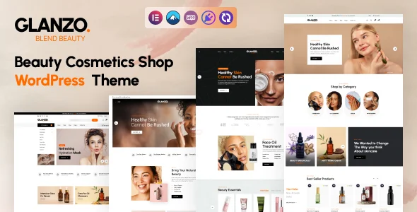 Glanzo - Beauty Cosmetics Shop WordPress Theme. WordPress theme homepage layout for a beauty health and beauty website