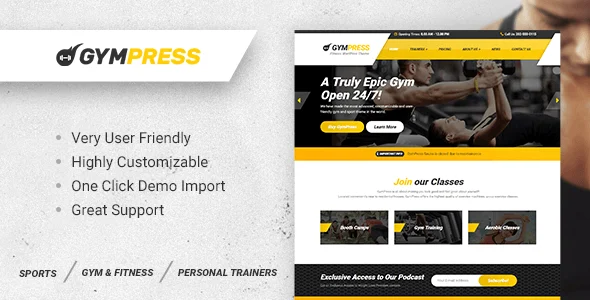 GymPress — WordPress Theme for Fitness and Personal Trainers WordPress theme homepage layout for a aerobics health and beauty website