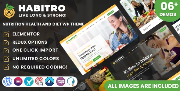 Habitro - Nutrition Health and Diet WordPress Theme WordPress theme homepage layout for a diet health and beauty website