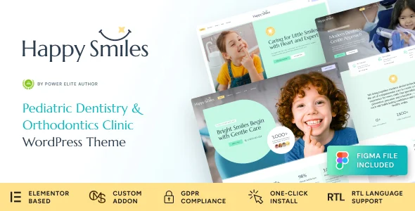 Happy Smiles - Pediatric Dental Clinic & Dentist WordPress Theme WordPress theme homepage layout for a clinic health and beauty website