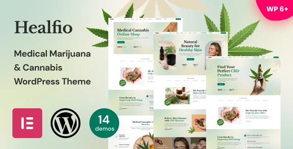Healfio - Medical Marijuana & Cannabis WordPress Theme WordPress theme homepage layout for a cannabis health and beauty website