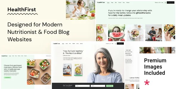 HealthFirst - Nutrition and Recipes WordPress Theme WordPress theme homepage layout for a diet health and beauty website
