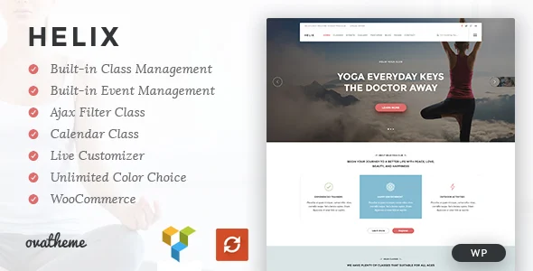 Helix - Yoga Club Calendar WordPress Theme WordPress theme homepage layout for a beautiful theme health and beauty website